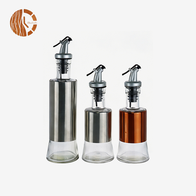 Glass Oil Dispenser Bottle with Stainless Steel Sleeve & Pour Spout